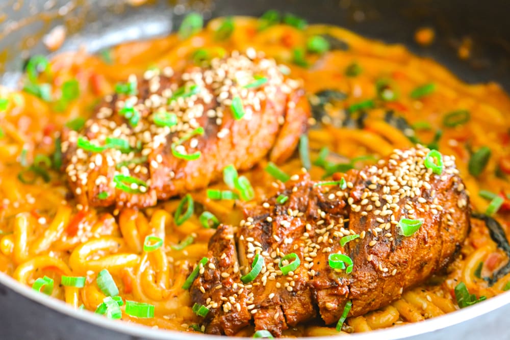 Creamy Spicy Korean Udon Noodles with Bulgogi Chicken That Spicy Chick