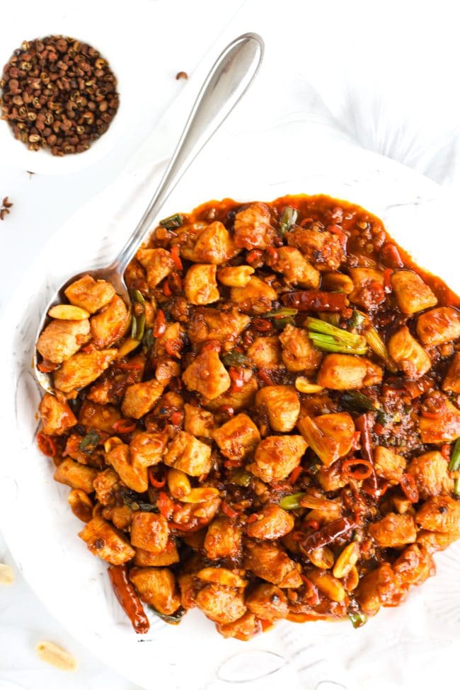 Kung Pao Chicken on a white plate over a black and white flower patterned napkin. Chicken pieces are on top of a spoon in the plate. Peppercorns in a small dish to the side, and peanuts scattered to the side.