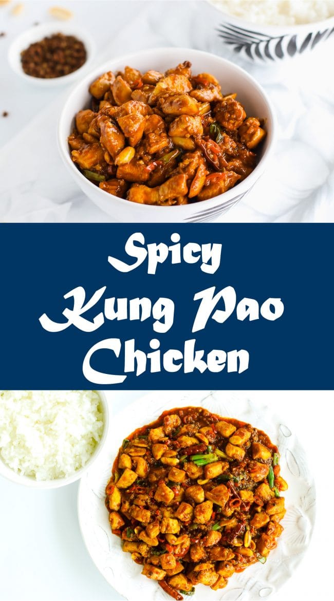 Spicy Kung Pao Chicken in a bowl over steamed white rice, and also on plate with rice to the side (Long Pin)
