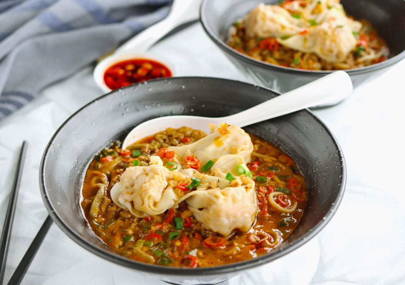 Spicy Dan Dan Noodles with Wontons That Spicy Chick