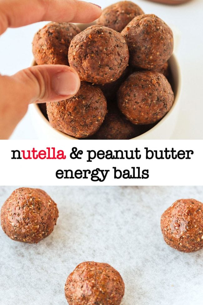 Long Pin - Top photo: Hand reaching for a Nutella & Peanut Butter Energy Ball from a bowl that is stacked high with energy balls. Bottom Photo: Nutella & Peanut Butter Energy Balls lined up on top of non-stick cooking paper.