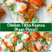 Naan with spicy pizza sauce, chicken tikka pieces, red onion, cheese, and chopped coriander