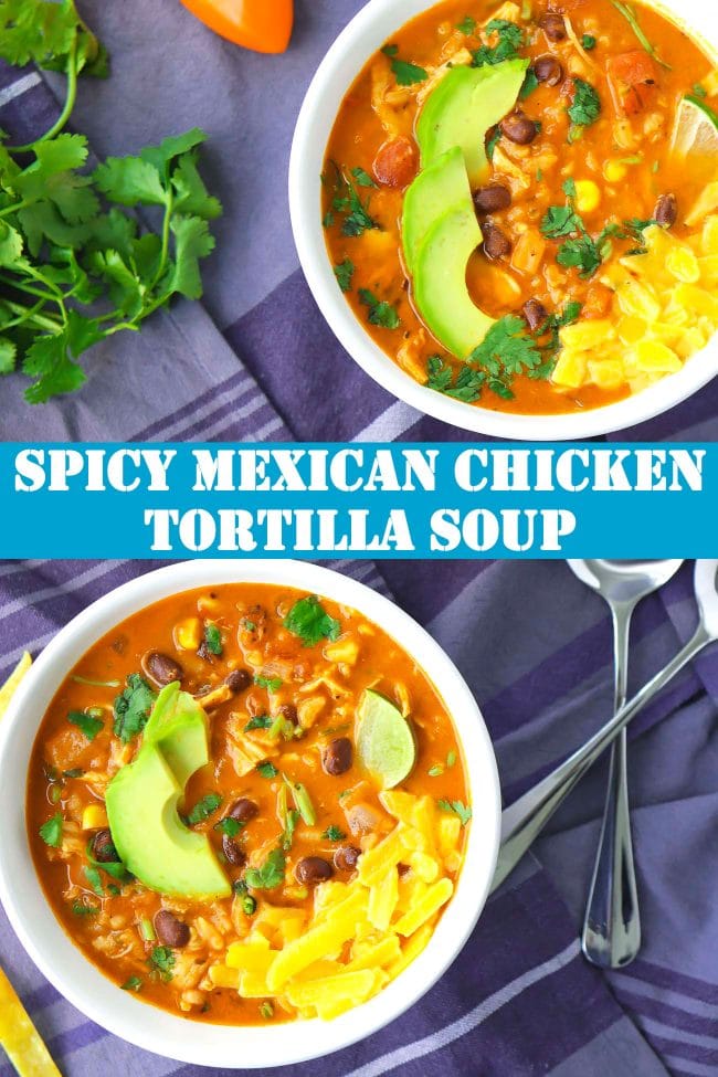 Two bowls of Mexican Chicken Tortilla Soup with spoons on the side on top of a blue background