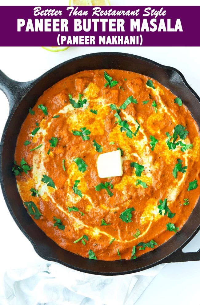 paneer butter masala garnished with cream, unsalted butter and coriander in cast iron skillet