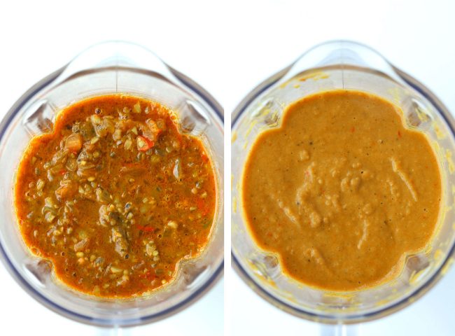 butter tomato curry before and after blending in blender jug