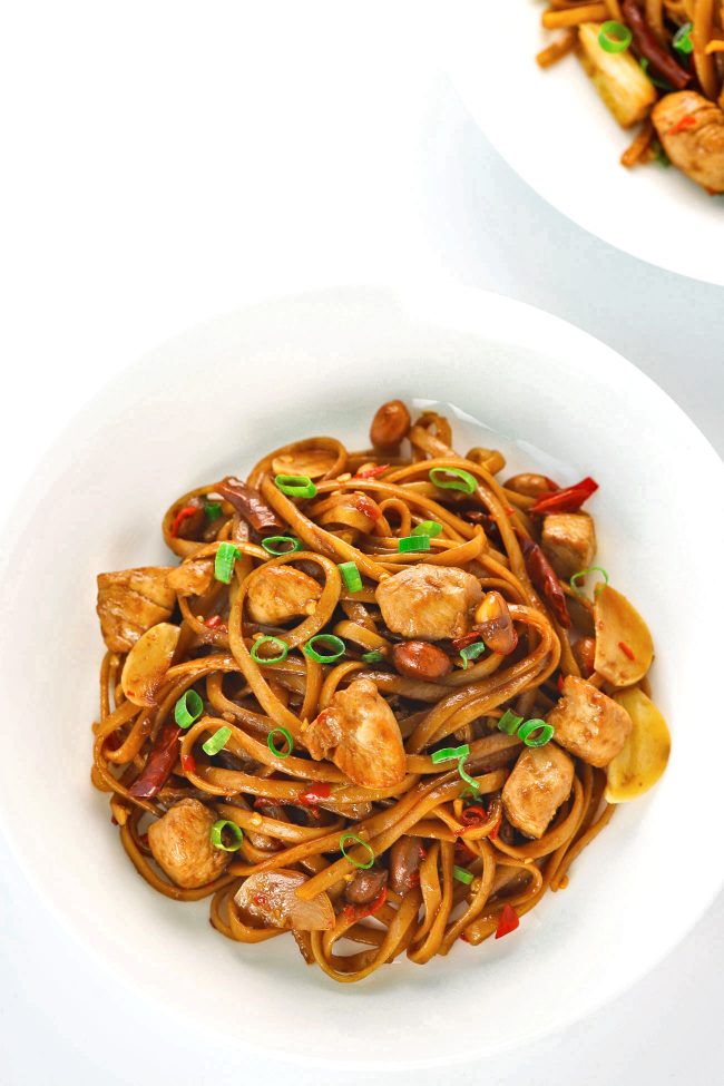 Kung Pao Chicken Linguini on plates
