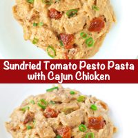 Sundried Tomato Pesto Pasta with Cajun Chicken on white round plates