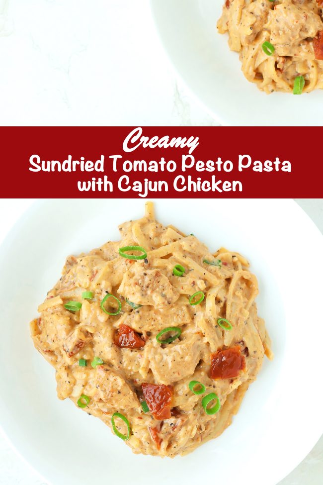 Sundried Tomato Pesto Pasta with Cajun Chicken on white round plates
