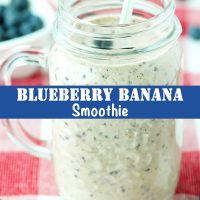 Blueberry Banana Smoothie in a mason jar mug with a straw in it.