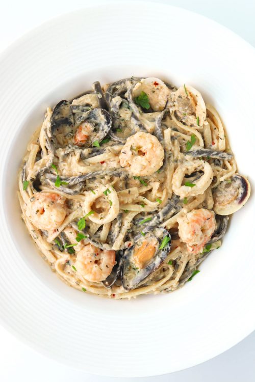 Cream Sauce Seafood Pasta, creamy white wine sauce - That Spicy Chick