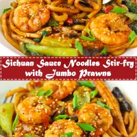 Stir-fry Sichuan Sauce Noodles with Jumbo prawns and spring onion garnish on a plate.