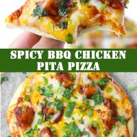 Hand holding up a slice of Spicy BBQ Chicken Pita Pizza with a bite taken out, and a full unsliced BBQ Chicken pita pizza below.