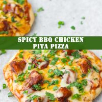 Two diagonally placed Spicy BBQ Chicken Pita Pizzas garnished with spring onion and chopped coriander
