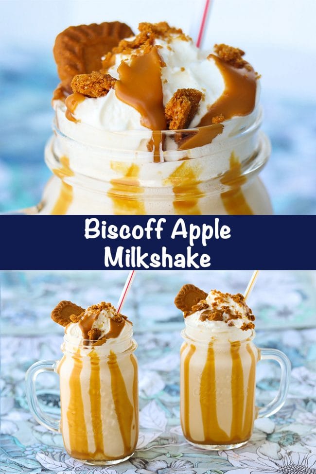 Biscoff Apple Milkshake in two mason jar glasses with straws, whipped cream, crumbled Biscoff cookies, and Biscoff spread drizzle.
