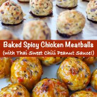 Chicken meatballs cooked on a foil lined baking tray, and on a plate coated with sweet chili sauce