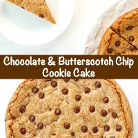 Slice of chocolate chip cookie cake on a small white plate and unsliced cookie cake with chocolate chips.