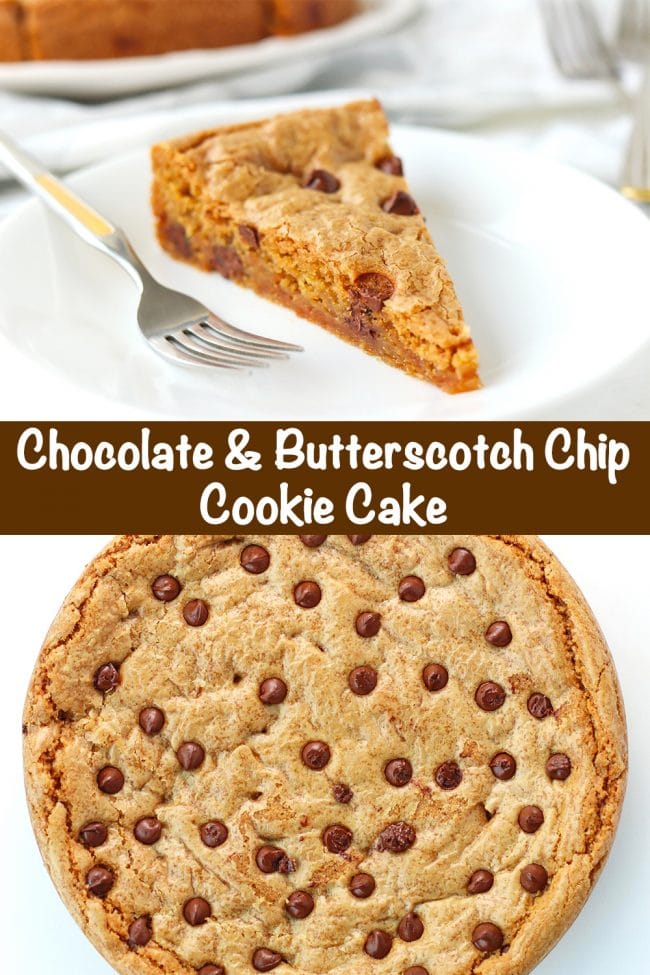 Chocolate Chip & Butterscotch Chip Cookie Cake slice on a white round plate with a fork next to it. Unsliced cookie cake on large white plate.