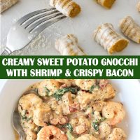 Uncooked sweet potato gnocchi pieces on a marble work surface, and a plate with creamy sweet potato gnocchi with shrimp, baby kale, and bacon