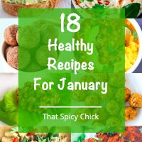 A collage of healthy recipes to make in January - Soups, Thai green chicken curry, egg salad tartine, pan-fried Indian salmon, chicken lettuce cups, baked chicken meatballs, and energy balls.