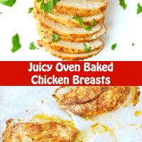 Baked chicken breasts garnished with chopped parsley, and baked chicken breasts on a foil lined baking tray.