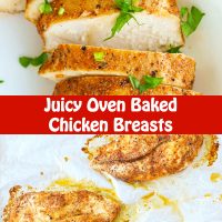 Baked chicken breasts garnished with chopped parsley on a plate, and on a foil lined baking tray.