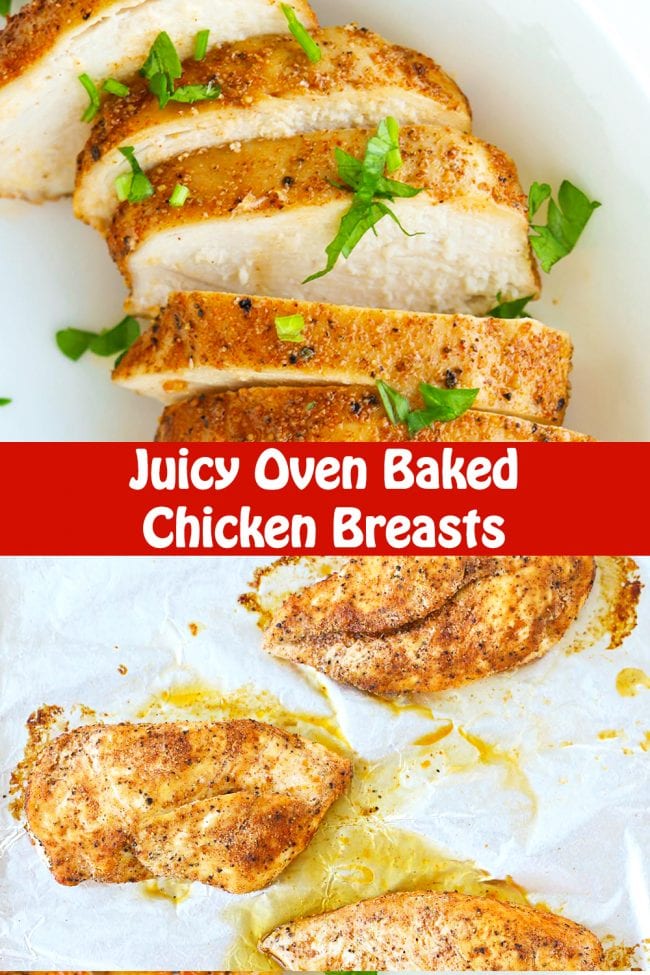 Baked chicken breasts garnished with chopped parsley on a plate, and on a foil lined baking tray.
