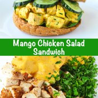 A Mango Chicken Salad Bagel Sandwich with spinach leaves and cucumber slices on a white round plate. Chopped coriander, chopped spring onion, diced baked chicken, and spicy mango mayonnaise in a mixing bowl.