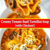 Tortellini, olive, and carrot cube and creamy tomato basil soup on silver spoon, and a bowl of creamy tomato basil soup with tortellini, beans, diced onion and carrots, and sliced olives topped with grated cheese with a silver spoon.