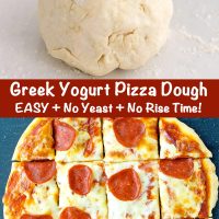 A ball of dough on a floured work surface and top view of a pepperoni pizza that's cut into squares and made with Greek yogurt pizza dough.
