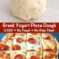 A ball of dough on a floured work surface and front view of a pepperoni pizza that's cut into squares and made with Greek yogurt pizza dough.