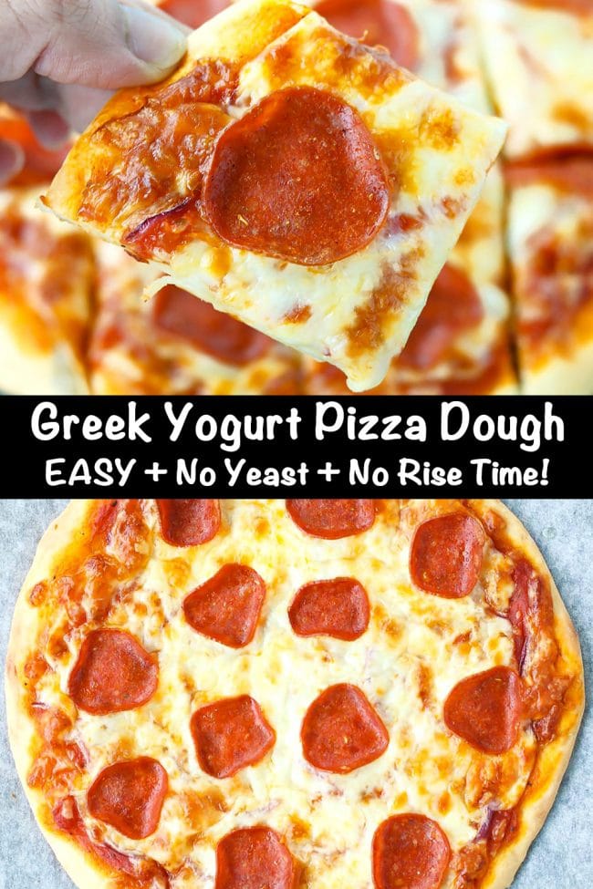 Hand holding up a pepperoni pizza square and a whole pepperoni pizza made with greek yogurt pizza dough.