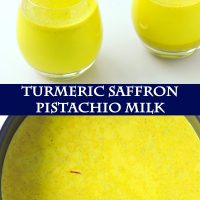 Yellow turmeric milk with spices in two small drink glasses and in a black saucepan.