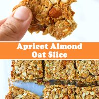 Hand holding up an apricot and almond oat slice with a bite taken out of it, and apricot almond oat bars on parchment paper.