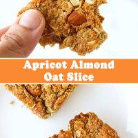 Hand holding up an apricot and almond oat slice with a bite taken out of it, and two oat slices on a white plate.