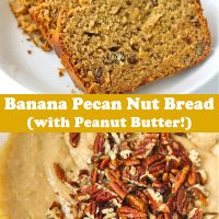 Four slices of Banana Pecan Nut Bread on a white round plate, and batter topped with chopped pecans in mixing bowl.