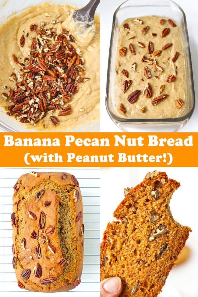 Batter with pecans in mixing bowl, batter topped with pecans in glass loaf dish, baked banana pecan bread on cooling rack, hand holding up a bitten into slice of banana pecan nut bread.