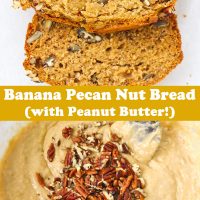 Two slices of Banana Pecan Nut Bread on parchment paper, and batter topped with chopped pecans in mixing bowl.