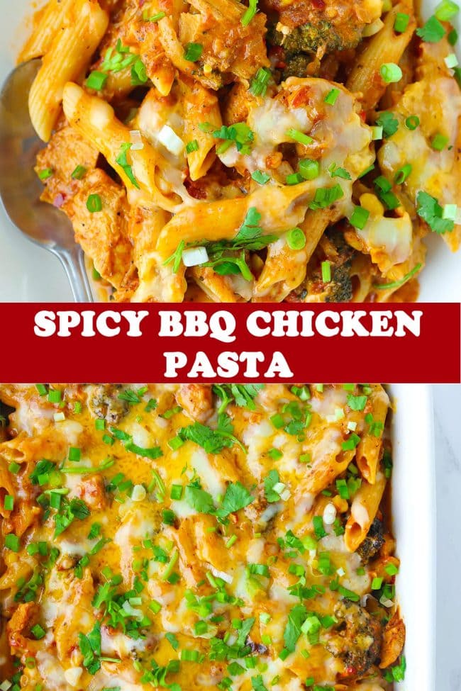 BBQ chicken pasta topped with melted cheddar and mozzarella cheese and garnished with chopped spring onion and coriander in a plate with a spoon, and in a large baking dish.