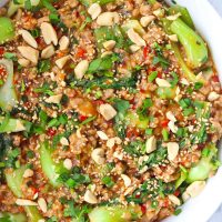 Ground pork and bok choy peanut sauce stir-fry in white round serving bowl and topped with sesame seeds, chopped peanuts, coriander, and spring onion. Serving bowl with the stir-fry and bowl with peanuts in the back.