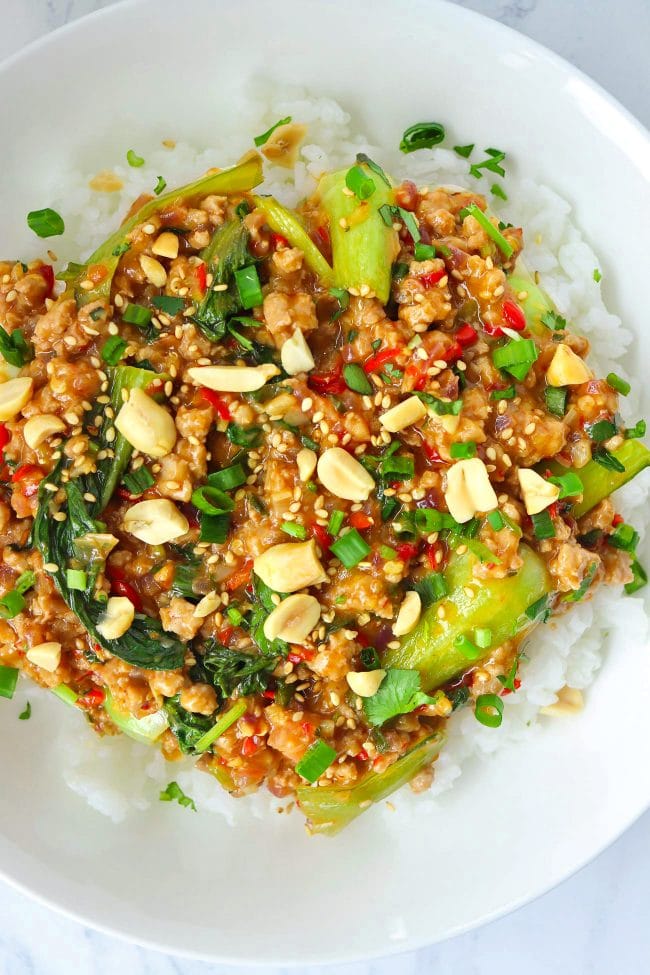 Ground pork and bok choy stir-fry on plate with rice topped with sesame seeds, chopped peanuts, coriander, and spring onion. 