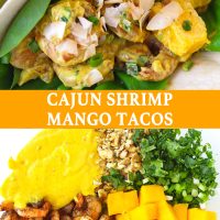 Two Cajun Shrimp Mango Tacos with butter lettuce and sprinkled with toasted coconut flakes folded on a white round plate. Pan-seared cajun shrimp, cubed mango, creamy spicy mango mayonnaise, chopped coriander, spring onion, and walnuts in a large mixing bowl.