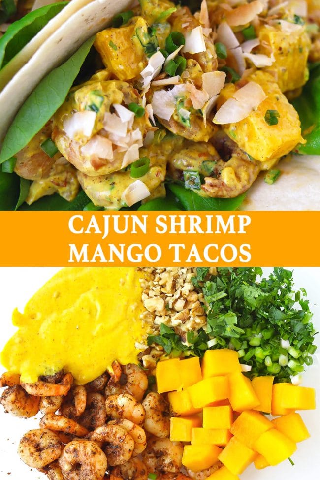 Two Cajun Shrimp Mango Tacos with butter lettuce and sprinkled with toasted coconut flakes folded on a white round plate. Pan-seared cajun shrimp, cubed mango, creamy spicy mango mayonnaise, chopped coriander, spring onion, and walnuts in a large mixing bowl.