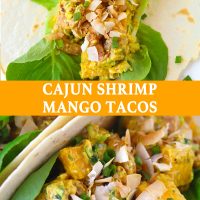 An open-faced Cajun Shrimp Mango Taco with butter lettuce and topped with toasted coconut flakes on a white background. Two Cajun Shrimp Mango Taco with butter lettuce and sprinkled with toasted coconut flakes folded on a white round plate.