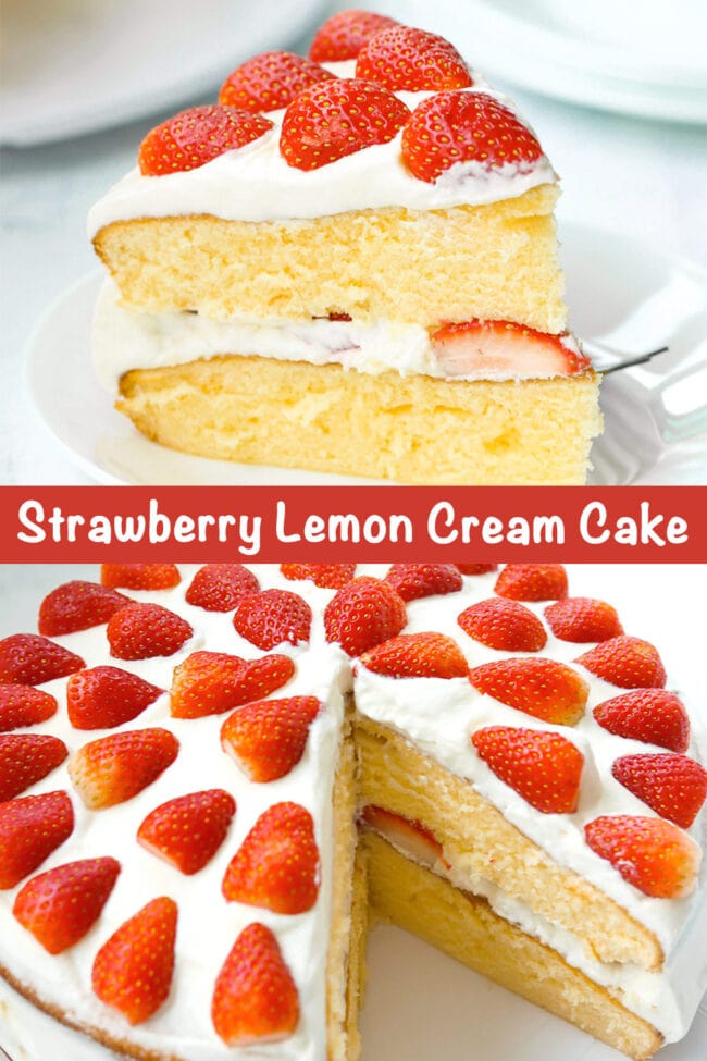 lice of cake on a plate with fork. Text overlay "Strawberry Lemon Cream Cake". Whole cake with slice cut out.