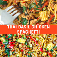 Plate with a fork tucked into spaghetti tossed with chilies, garlic, green beans, baby corn, onion, ground chicken and holy basil in a brown sauce. Close up of the same dish in a large wok. Text overlay "Thai Basil Chicken Spaghetti".