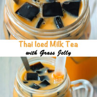 Top view of a mason mug with Thai milk tea, cubed grass jelly, and ice with a straw and tall spoon. Text overlay "Thai Iced Milk Tea with Grass Jelly".