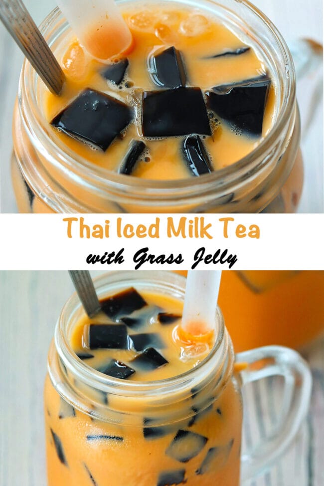 Top view of a mason mug with Thai milk tea, cubed grass jelly, and ice with a straw and tall spoon. Text overlay "Thai Iced Milk Tea with Grass Jelly".
