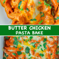 Close up front view of Butter Chicken Pasta Bake on a plate and in a long baking dish. Text overlay "Butter Chicken Pasta Bake".