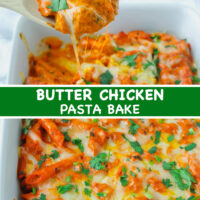 Wooden spoon lifting pasta and chicken with cheese stretching from the dish with Butter Chicken Pasta Bake. Text overlay "Butter Chicken Pasta Bake".