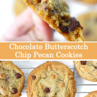 Close up of hand holding up a cookie with a few bites taken out of it, and cookies on a cooling rack. Text overlay "Chocolate Butterscotch Chip Pecan Cookies".